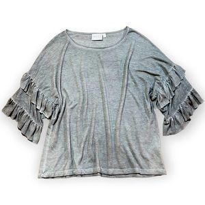 2for$30 NWOT Danielle Grey Distressed Statement Ruffle Sleeve TShirt Size Medium